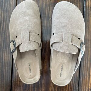Maurices Beige Suede Buckle Clogs